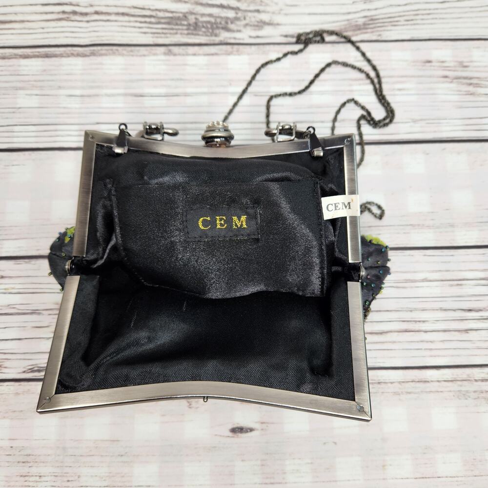 CEM Vintage Black Sequins Silver Handle Purse Mini Bag Floral - Picture 5 of 8